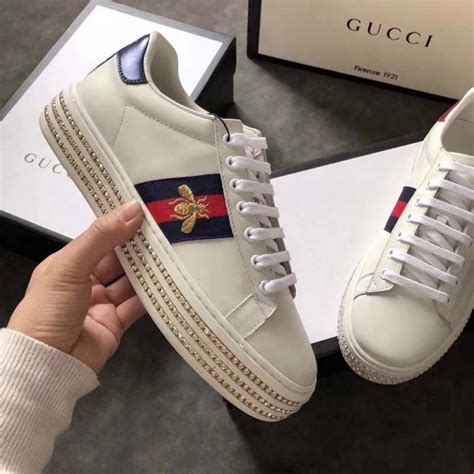 gucci white crystal new ace sneakers|Gucci screener sneakers with crystals.